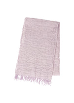 The IM MEN SHRINK BORDER STOLE is a light purple, textured linen accessory with fringed edges, made from breathable high-twist cotton and displayed folded on a white background. - LIGHT PURPLE （no.80）