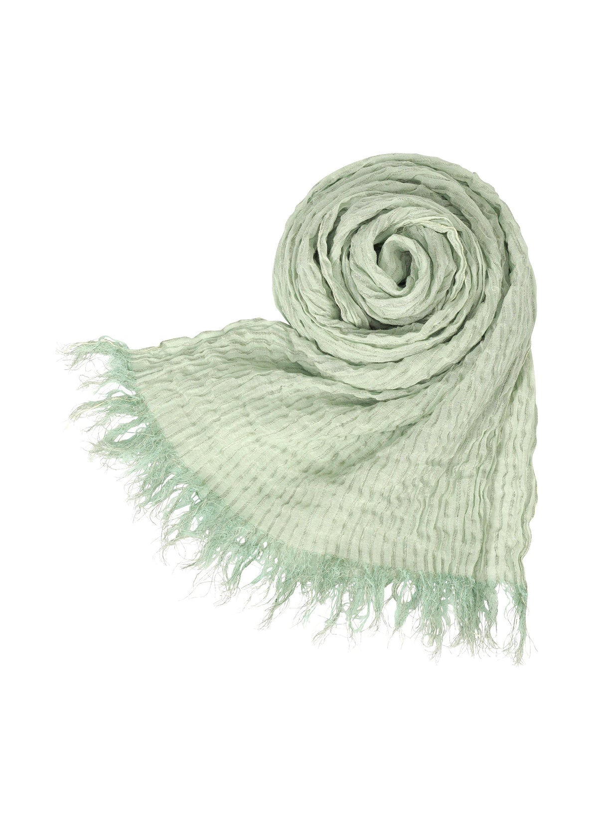 The IM MEN SHRINK BORDER STOLE is a light green, crinkled linen stole with fringed edges, rolled in a spiral on a white background. Its breathable fabric offers all-day comfort. view 4 of 7