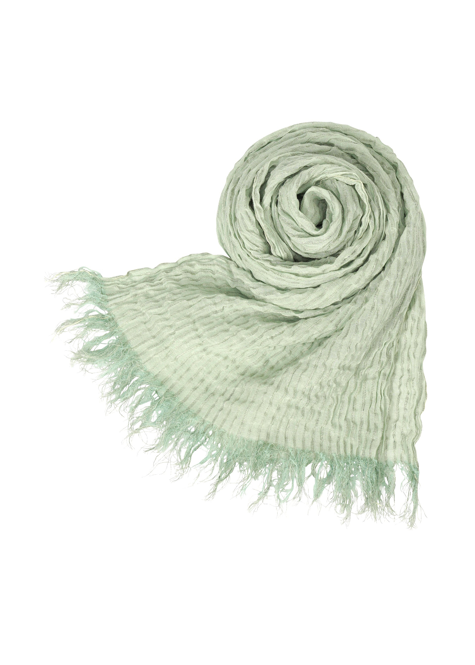 Zoomed view The IM MEN SHRINK BORDER STOLE is a light green, crinkled linen stole with fringed edges, rolled in a spiral on a white background. Its breathable fabric offers all-day comfort.