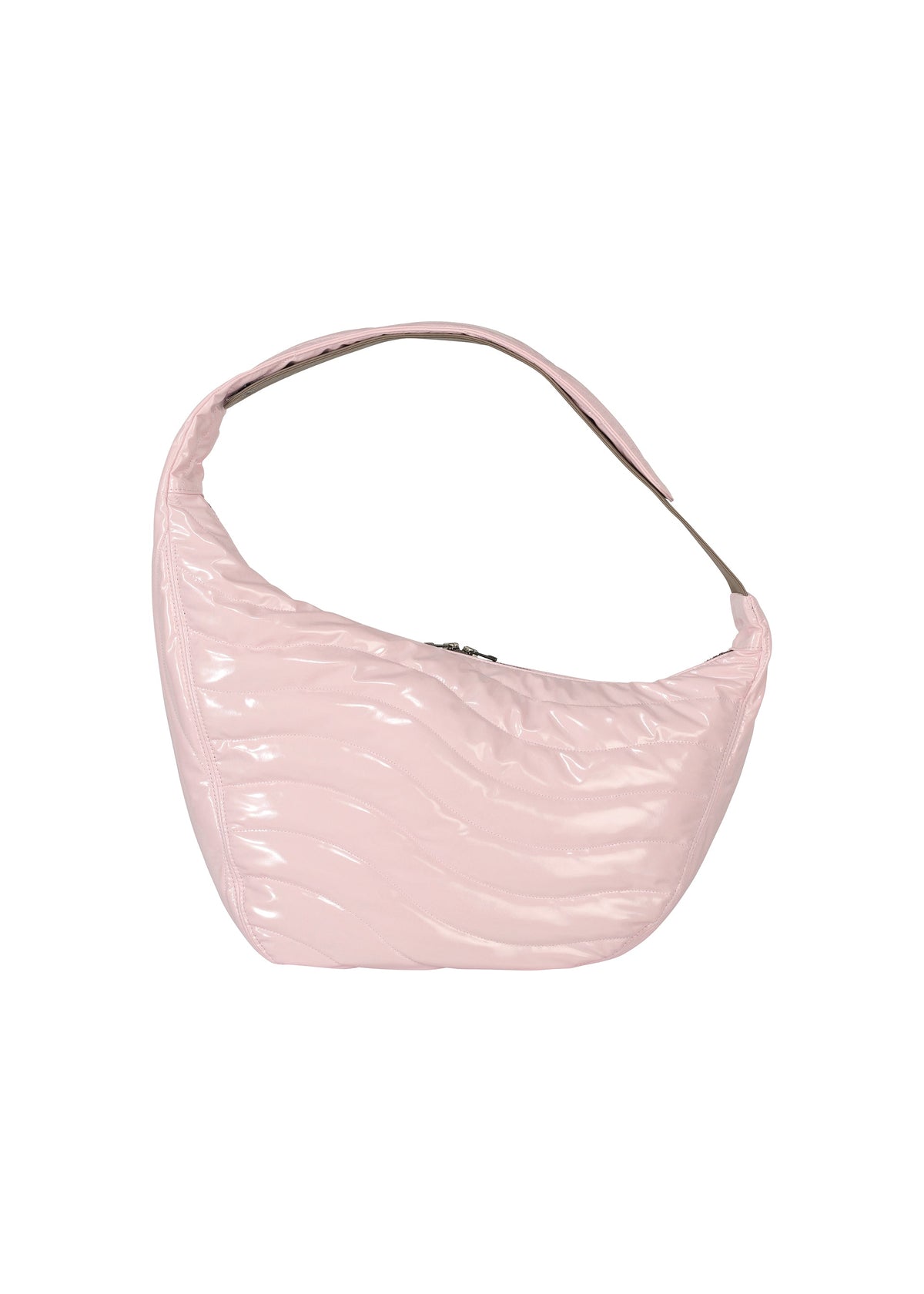 The ENGRAVE BAG by IM MEN is a light pink, glossy, crescent-shaped sculptural bag with waved patterns and a single thick strap, displayed against a white background. view 2 of 6