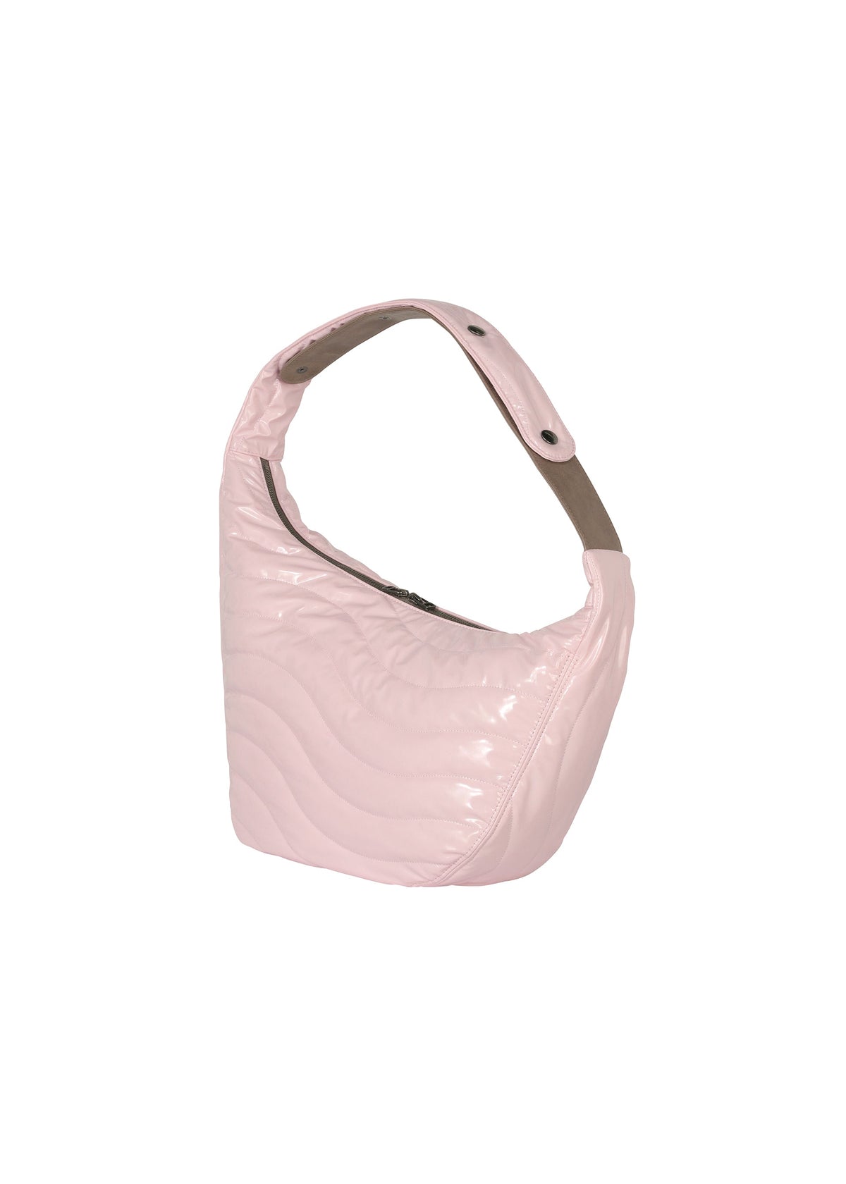 The ENGRAVE BAG by IM MEN is a light pink quilted, glossy sculptural bag with waved patterns, silver snap buttons, and a wide strap, shown against a plain white background. view 3 of 6