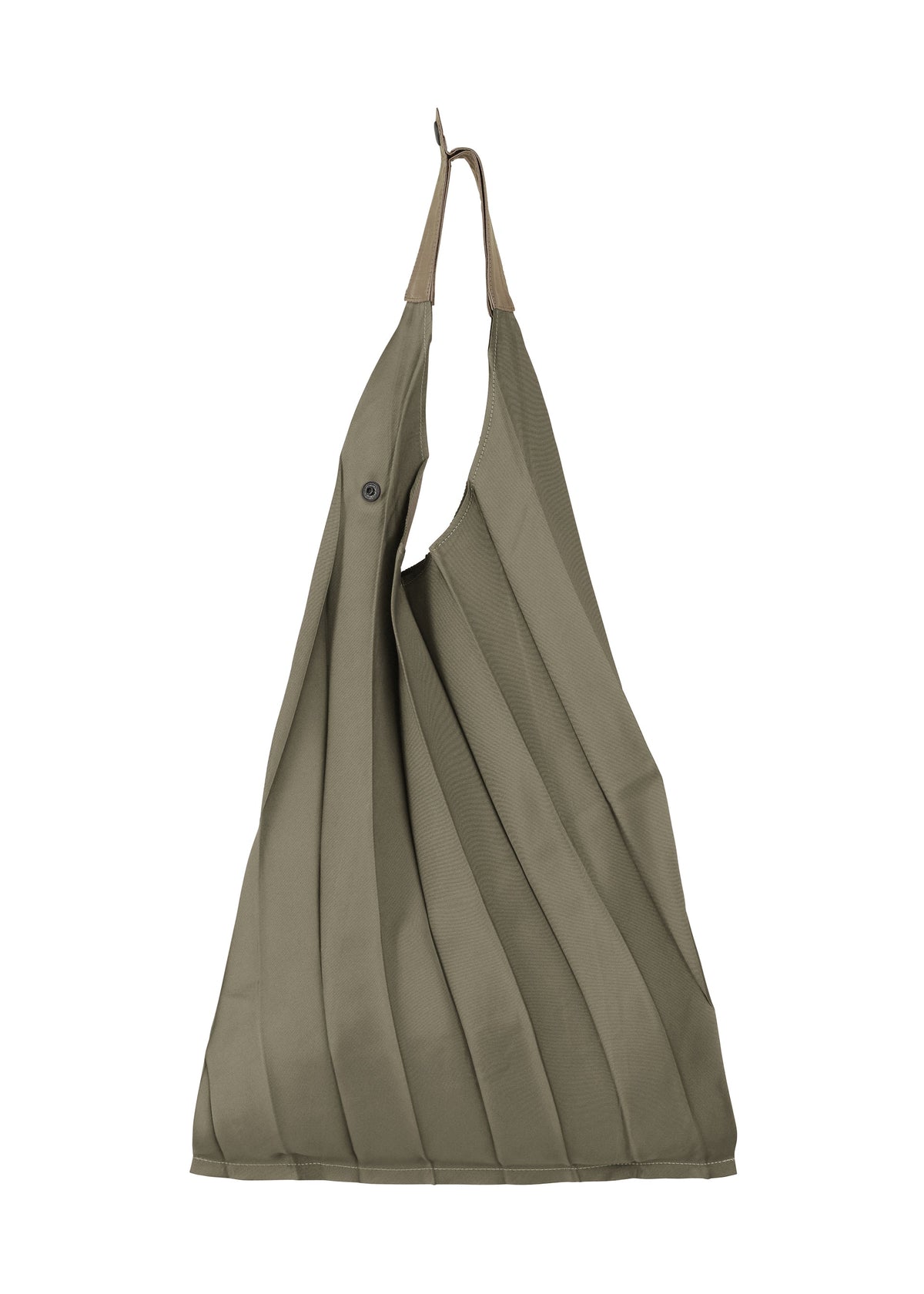 The GURU GURU by IM MEN is an olive green foldable tote with handmade pleats, tan handles, and a button closure—folds into a palm-sized package for easy carrying. view 2 of 10