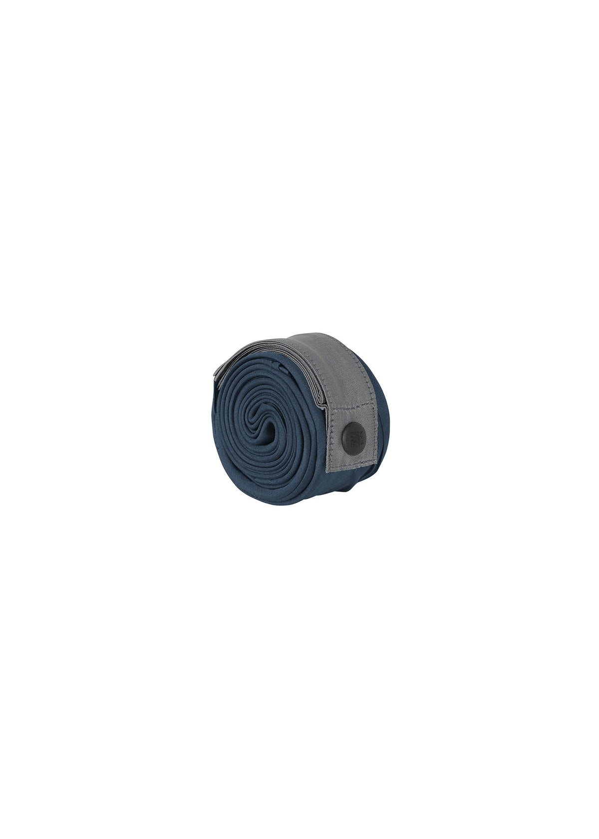The IM MEN GURU GURU is a rolled-up blue and gray fabric belt with handmade pleats and a black button snap, displayed against a white background. view 4 of 10