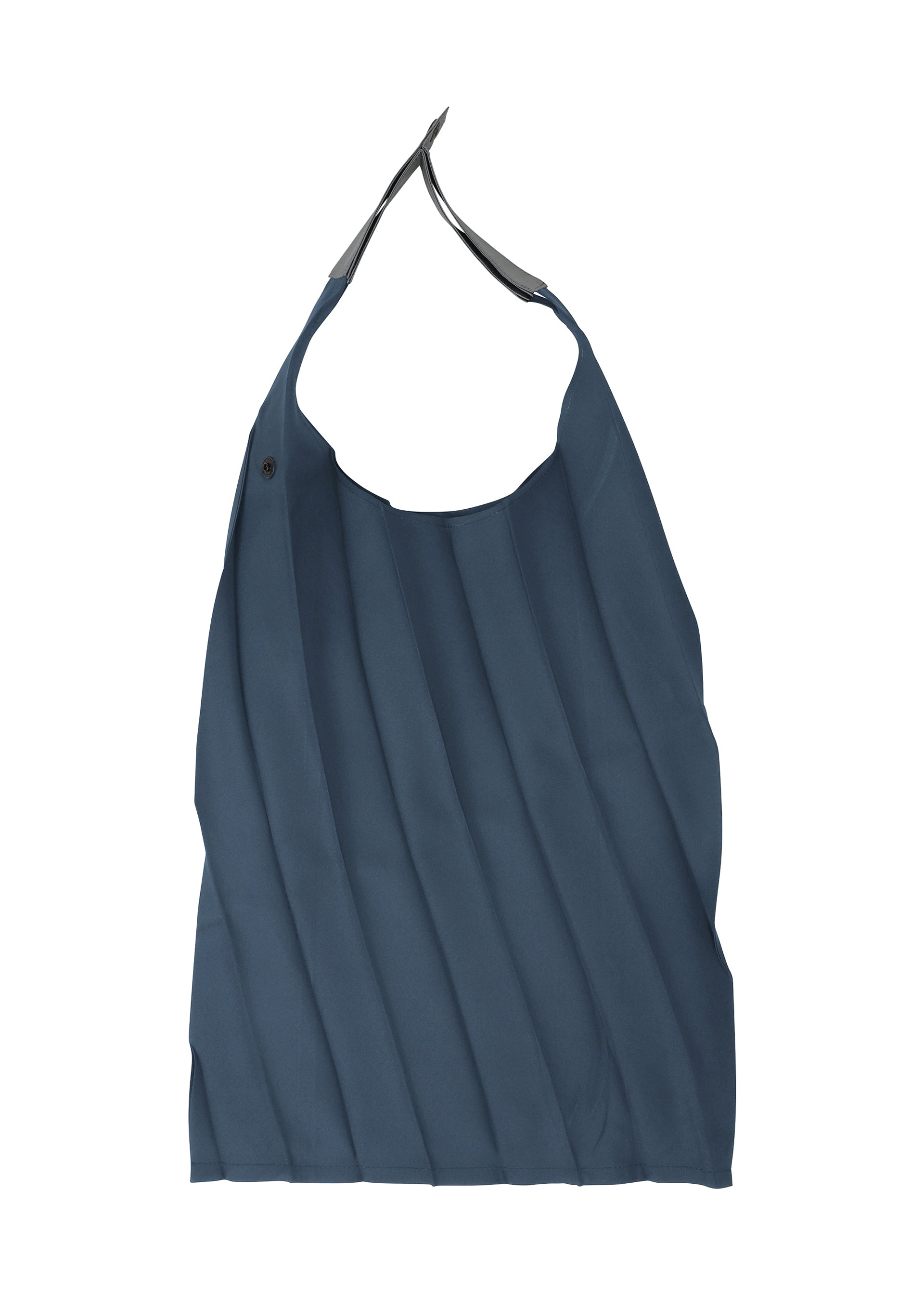 Zoomed view The GURU GURU by IM MEN is a blue foldable tote bag with handmade pleats, a single handle, and a diagonal folded design, shown against a white background.