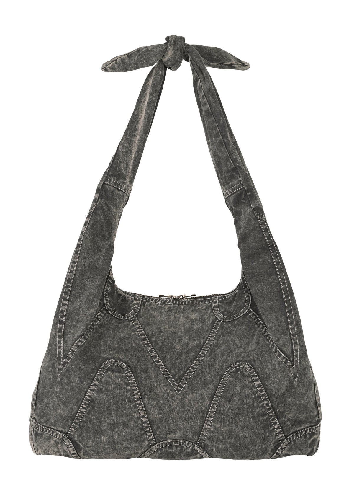 The ELEMENTS BAG by IM MEN is a large, pot-shaped shoulder bag in washed black denim with visible stitching, a wide knotted strap, and curved plus angular seams for a casual, relaxed style. view 1 of 5