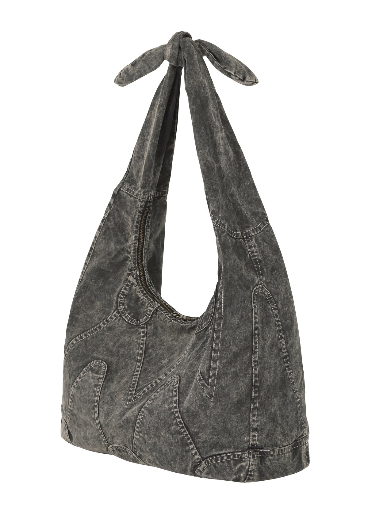 The ELEMENTS BAG by IM MEN is a black, acid-washed denim shoulder bag with flame-shaped stitching and a knotted top handle, offering standout style in textured cotton. view 2 of 5