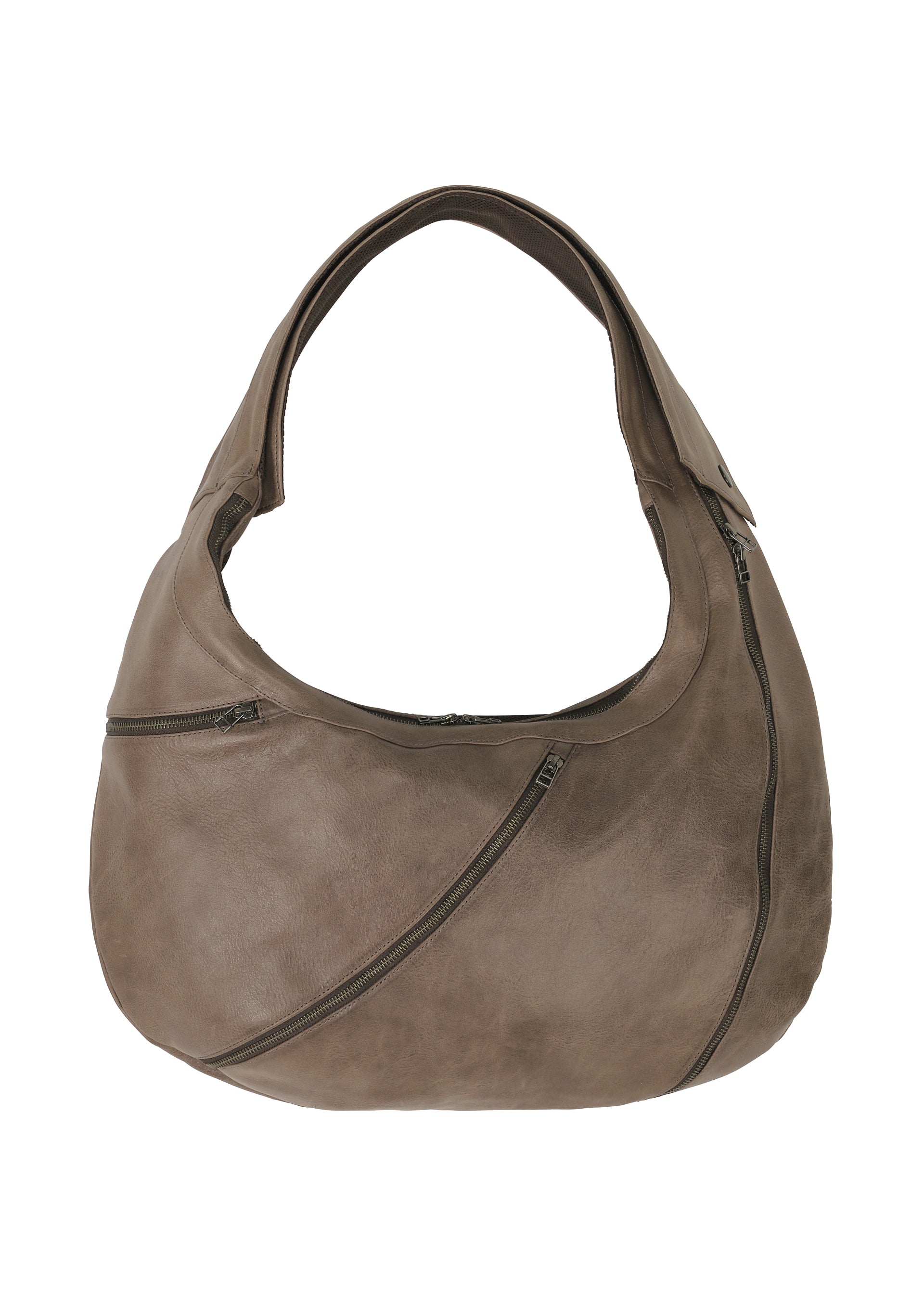 Zoomed view The IM MEN CARVED LEATHER BAG is a taupe natural leather hobo with a ceramic-inspired design, wide shoulder strap, and multiple diagonal zippered pockets on the front. - GRAY （no.12）