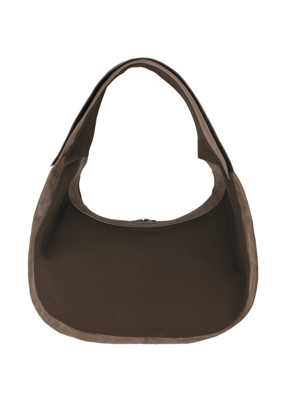 The IM MEN CARVED LEATHER BAG is a brown, crescent-shaped textured leather bag with a wide strap and ceramic-inspired design, shown against a white background. view 3 of 6