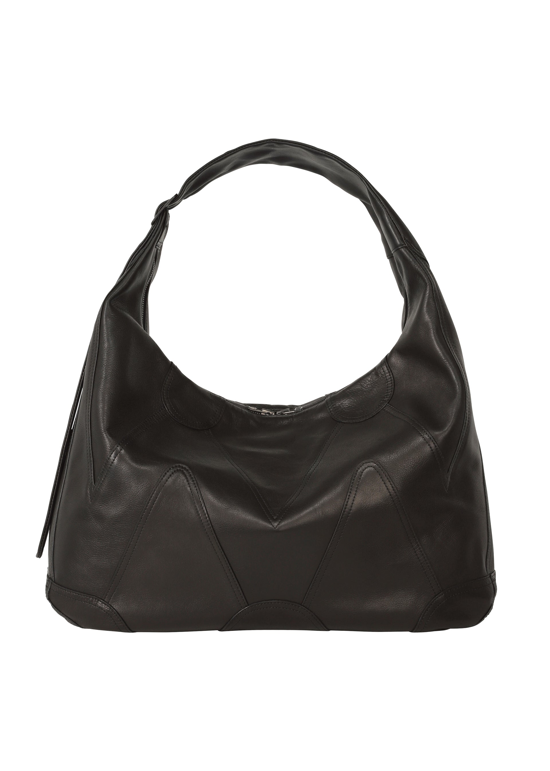 Zoomed view The IM MEN ELEMENTS LEATHER BAG is a large black luxury leather hobo bag, inspired by Shoji Kamoda, featuring geometric front stitching and a wide, curved handle for effortless style. - BLACK （no.15）