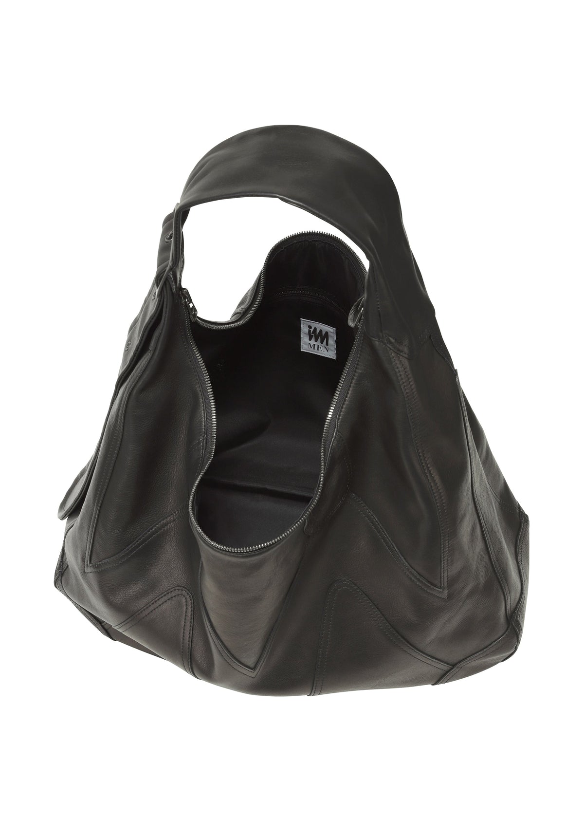 The ELEMENTS LEATHER BAG by IM MEN is a large black luxury leather bag with a wide handle, open zipper showing a spacious interior, visible white tag with black writing inside, and an adjustable shoulder strap for versatility. view 3 of 5