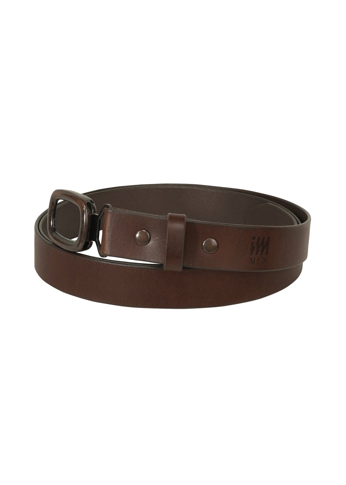 The OVAL belt by IM MEN is a rolled dark brown natural leather belt with an adjustable buckle and embossed branding near the tip, displayed against a white background. view 2 of 5