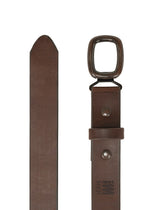 The IM MEN OVAL belt is crafted from natural leather with a square rustic metal buckle, two rivets near the tip, an adjustable fit, pointed end, and the brand’s logo stamped by the buckle. One size fits most.
