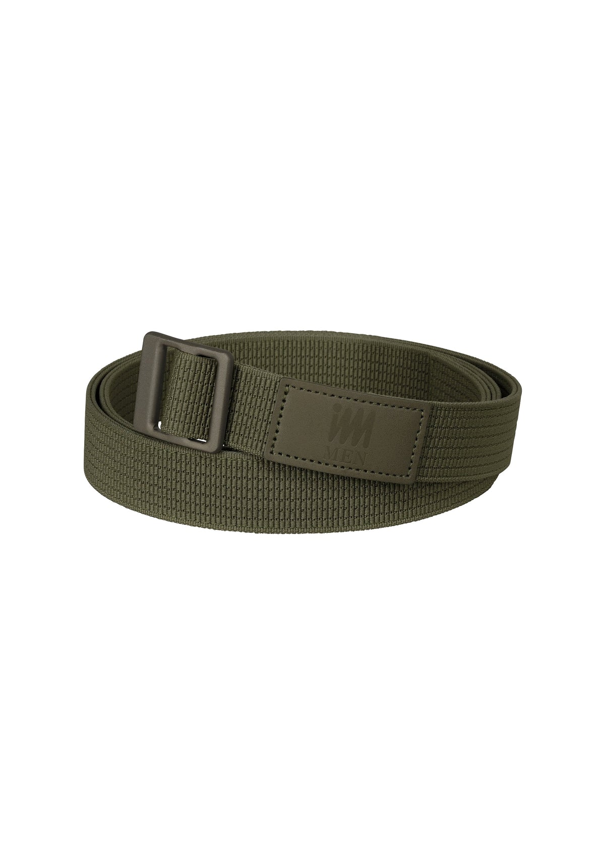 The IM MEN FRICTION BELT is an olive green woven fabric belt with an adjustable buckle, neatly rolled and accented by a stitched leather patch near the buckle. view 2 of 6