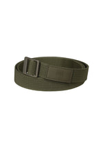 The IM MEN FRICTION BELT is an olive green woven fabric belt with an adjustable buckle, neatly rolled and accented by a stitched leather patch near the buckle. - KHAKI （no.65）