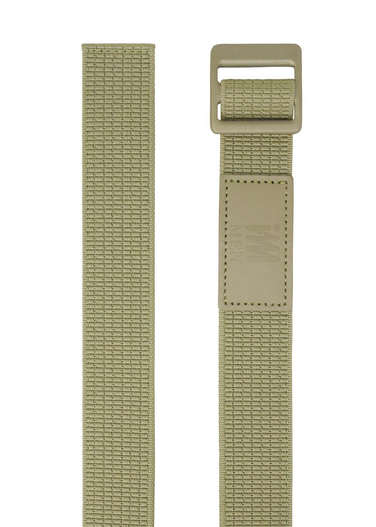 Two olive green FRICTION BELT straps by IM MEN are displayed vertically; the left has a plain end, while the right features an adjustable buckle and a stitched patch with embossed text and logo. view 4 of 6