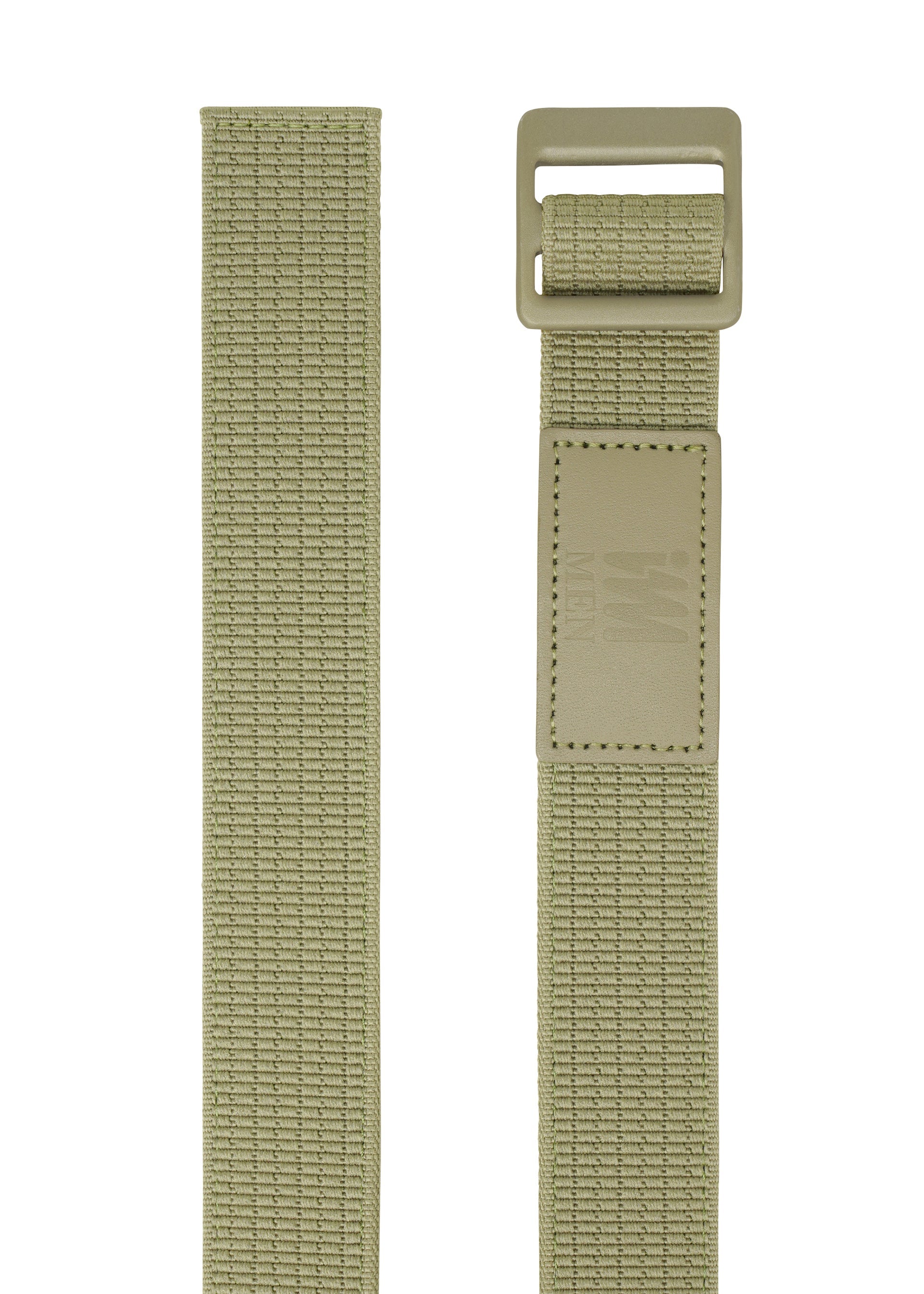Zoomed view Two olive green FRICTION BELT straps by IM MEN are displayed vertically; the left has a plain end, while the right features an adjustable buckle and a stitched patch with embossed text and logo.