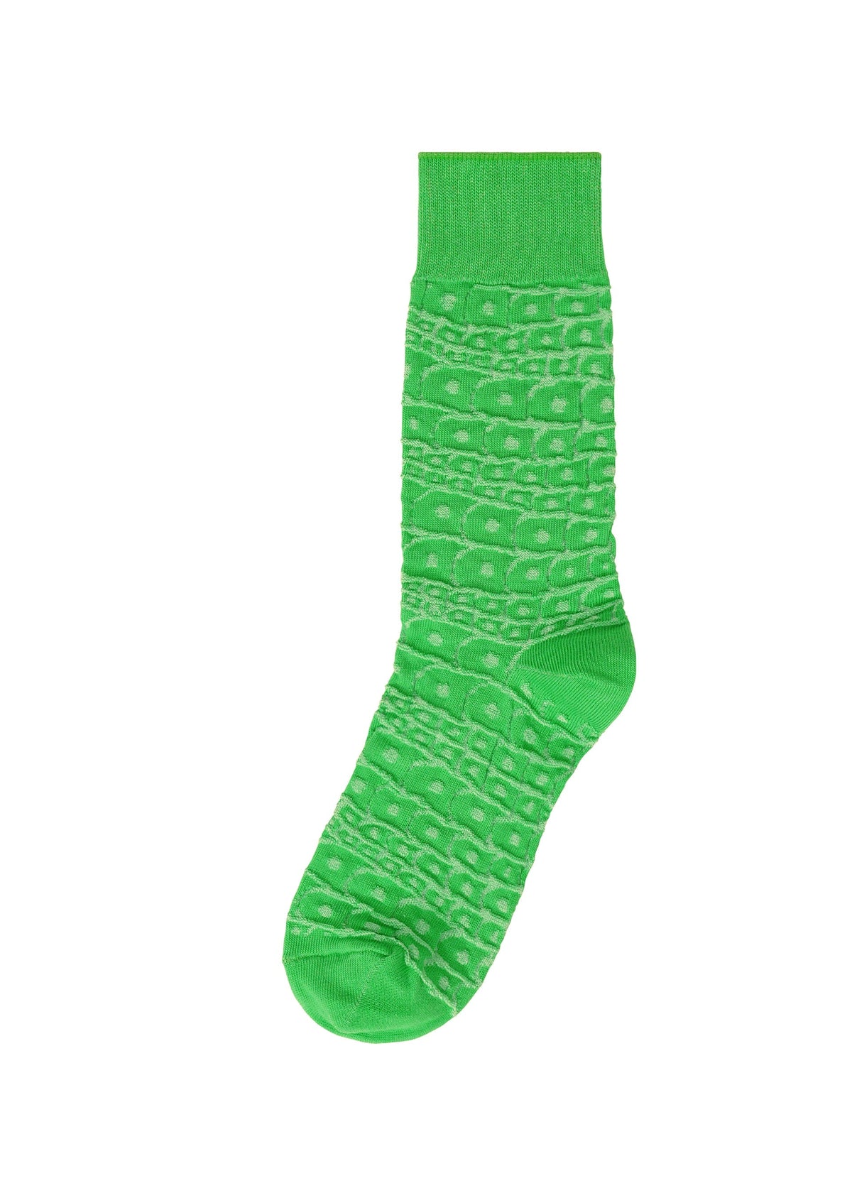 A single bright green UROKOMON SOCK by IM MEN, featuring a raised circular textured pattern inspired by Shoji Kamoda, displayed on a plain white background. view 3 of 4