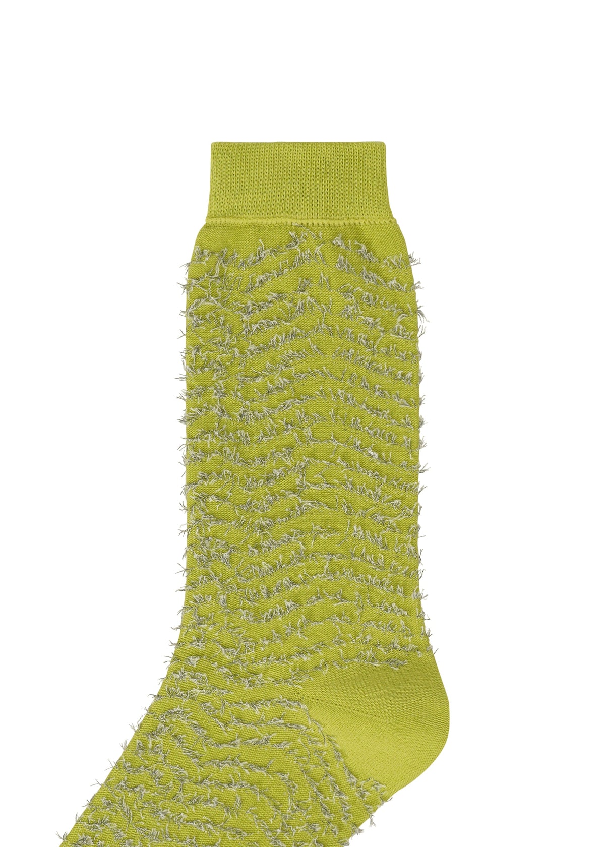 The IM MEN SHAGGY SOCKS feature a single yellow-green cotton boucle design with textured, fuzzy gray threads woven throughout, creating a unique tactile look. Displayed on a white background. view 4 of 4