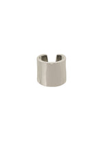 The IM MEN FASTEN RING, a shiny, wide, silver-toned open band ideal as an ear cuff or scarf ring, is shown against a plain white background. - SILVER （no.91）