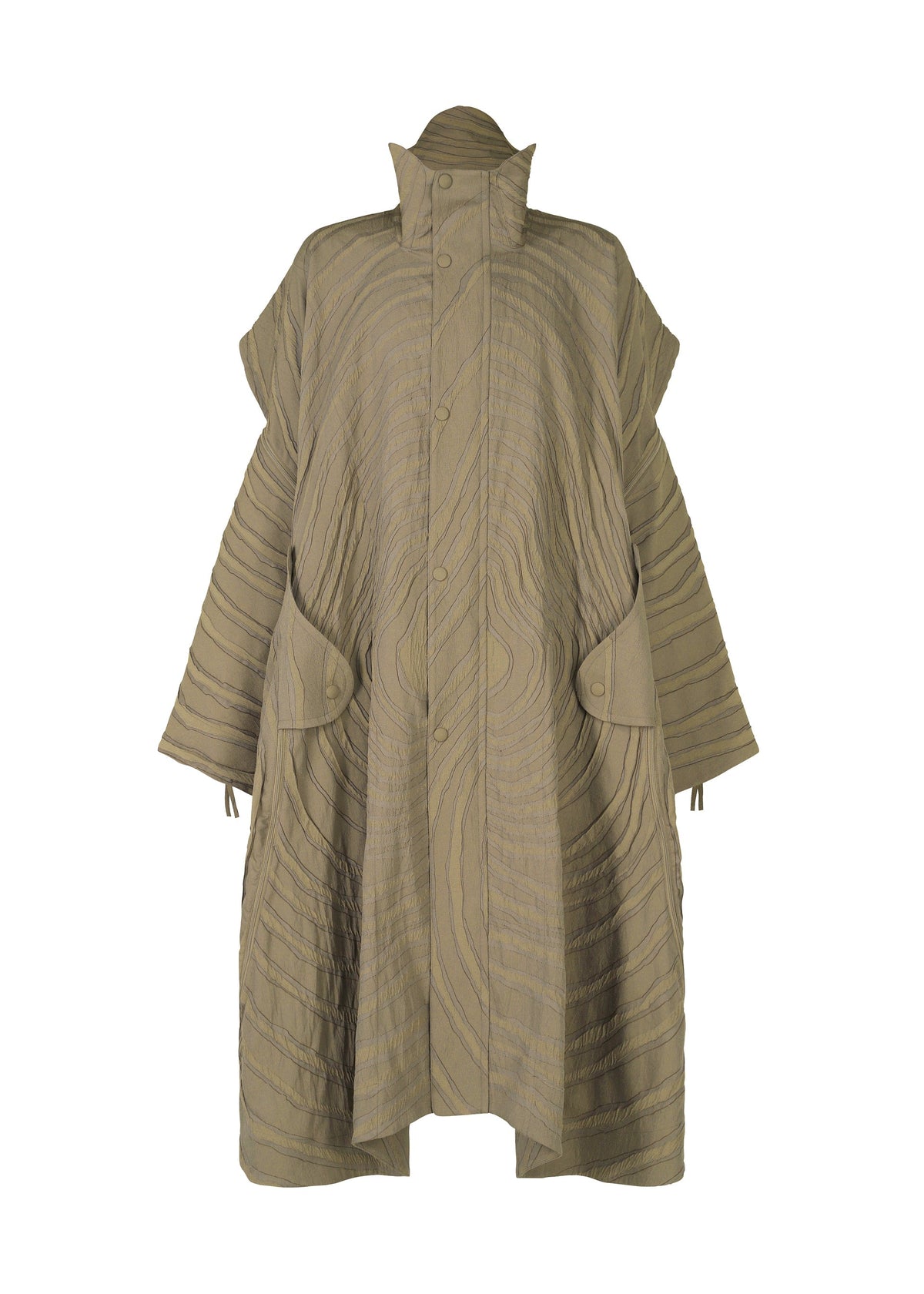 The ENGRAVE coat by IM MEN is a loose-fitting, light brown jacquard piece featuring a high collar, wide sleeves, large buttons, front flap pockets, and an all-over three-dimensional wave pattern. view 3 of 8