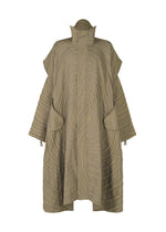 The ENGRAVE coat by IM MEN is a loose-fitting, light brown jacquard piece featuring a high collar, wide sleeves, large buttons, front flap pockets, and an all-over three-dimensional wave pattern. - DARK BEIGE （no.43）