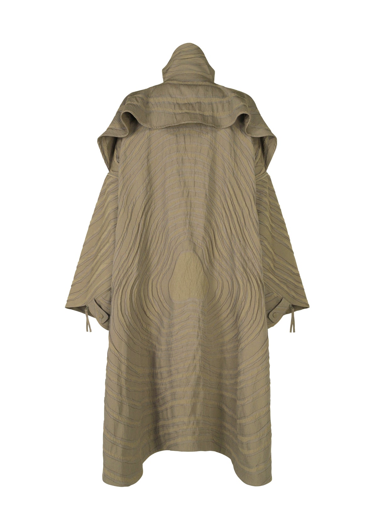 The IM MEN ENGRAVE coat is a textured beige jacquard design with wide sleeves, a high collar, three-dimensional wave pattern, and sleeve tie details, shown on a plain white background. view 4 of 8