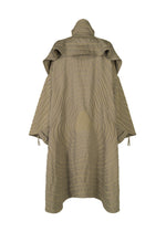 The IM MEN ENGRAVE coat is a textured beige jacquard design with wide sleeves, a high collar, three-dimensional wave pattern, and sleeve tie details, shown on a plain white background.