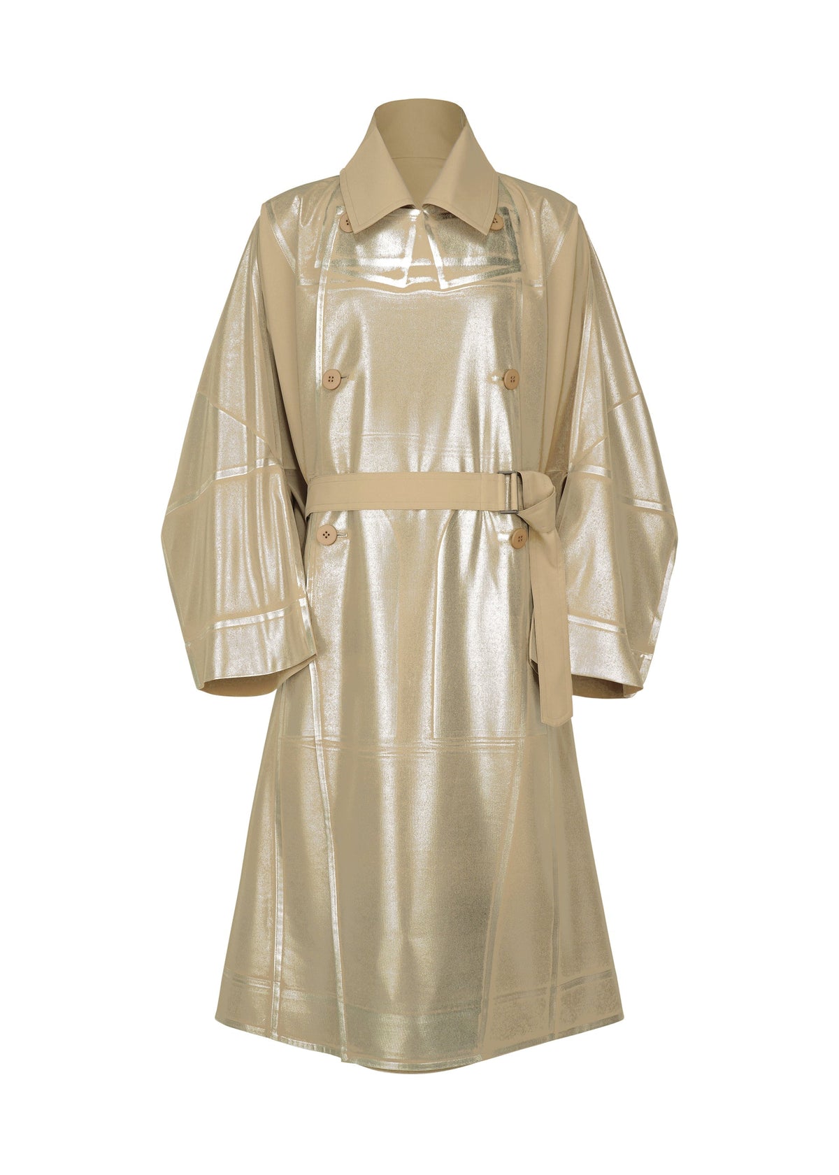 The GINTO FLAT by IM MEN is a metallic beige plant-based polyester trench coat featuring wide sleeves, a matching belt, classic collar, double-breasted front, and a reflective finish for a contemporary take on classic style. view 1 of 9