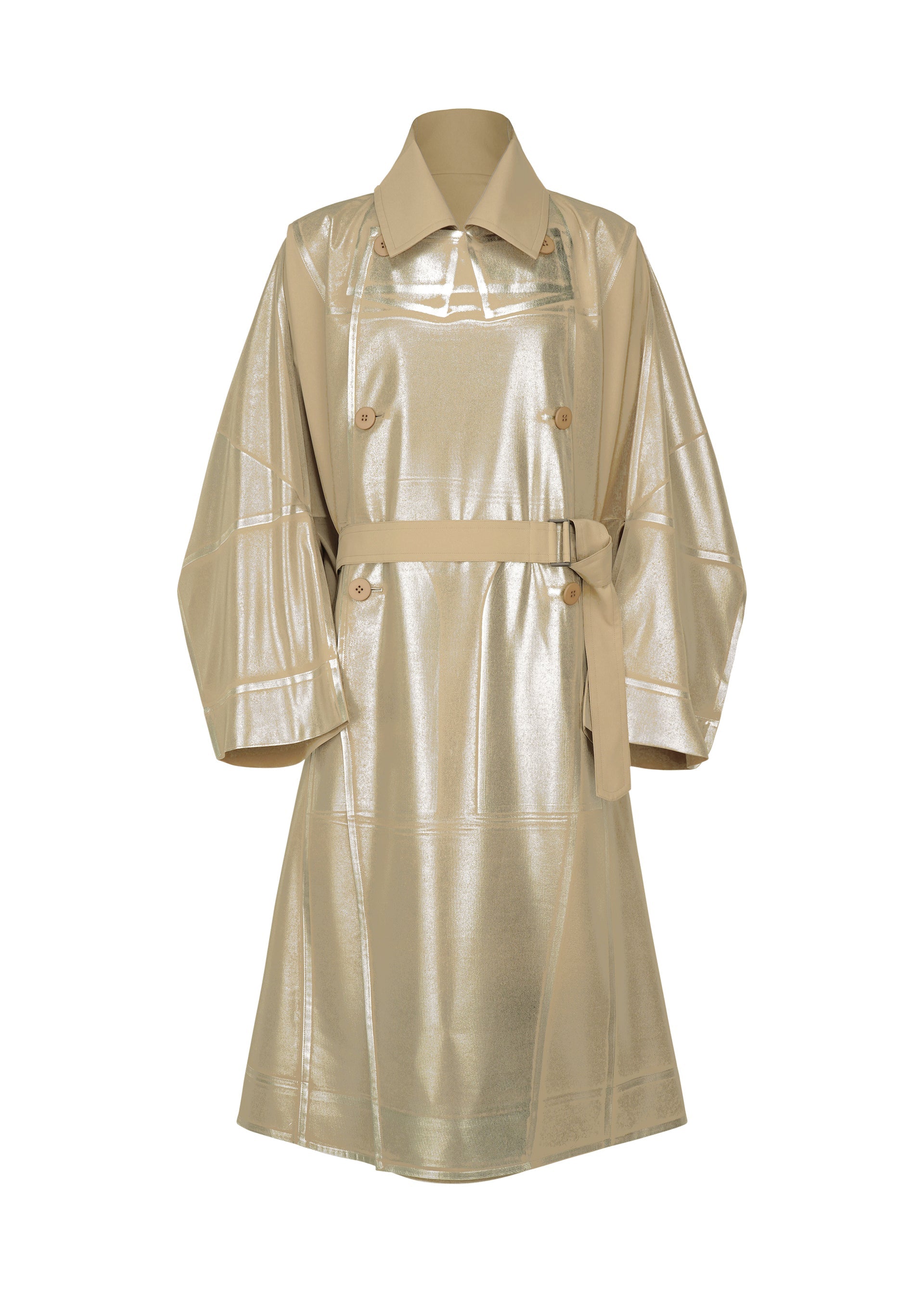 Zoomed view The GINTO FLAT by IM MEN is a metallic beige plant-based polyester trench coat featuring wide sleeves, a matching belt, classic collar, double-breasted front, and a reflective finish for a contemporary take on classic style. - LIGHT BEIGE （no.40）