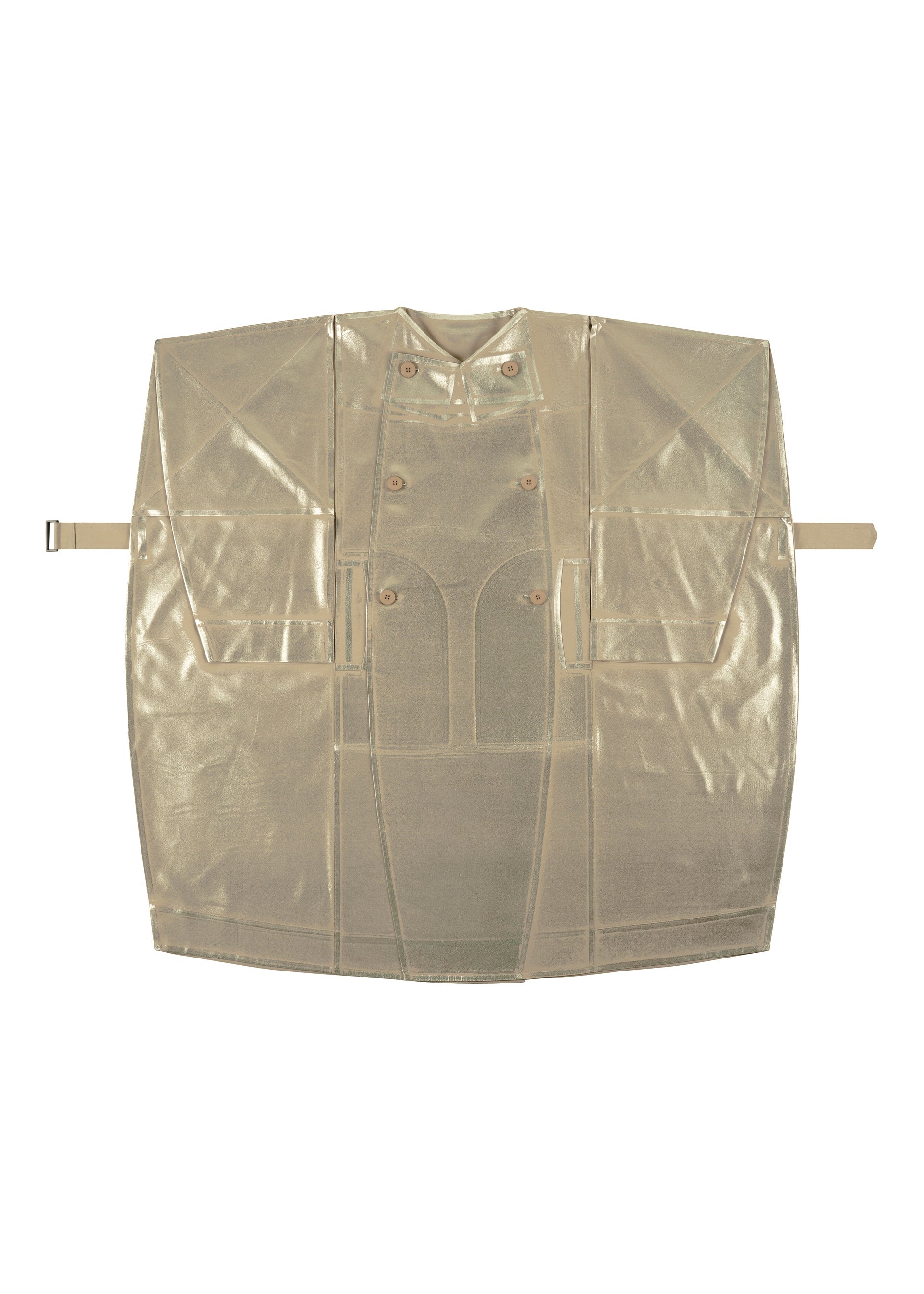 Zoomed view The GINTO FLAT by IM MEN is a flat, transparent beige straitjacket with buckles, straps, double-breasted buttons, and large front pockets, inspired by Shoji Kamoda. Displayed against a white background.