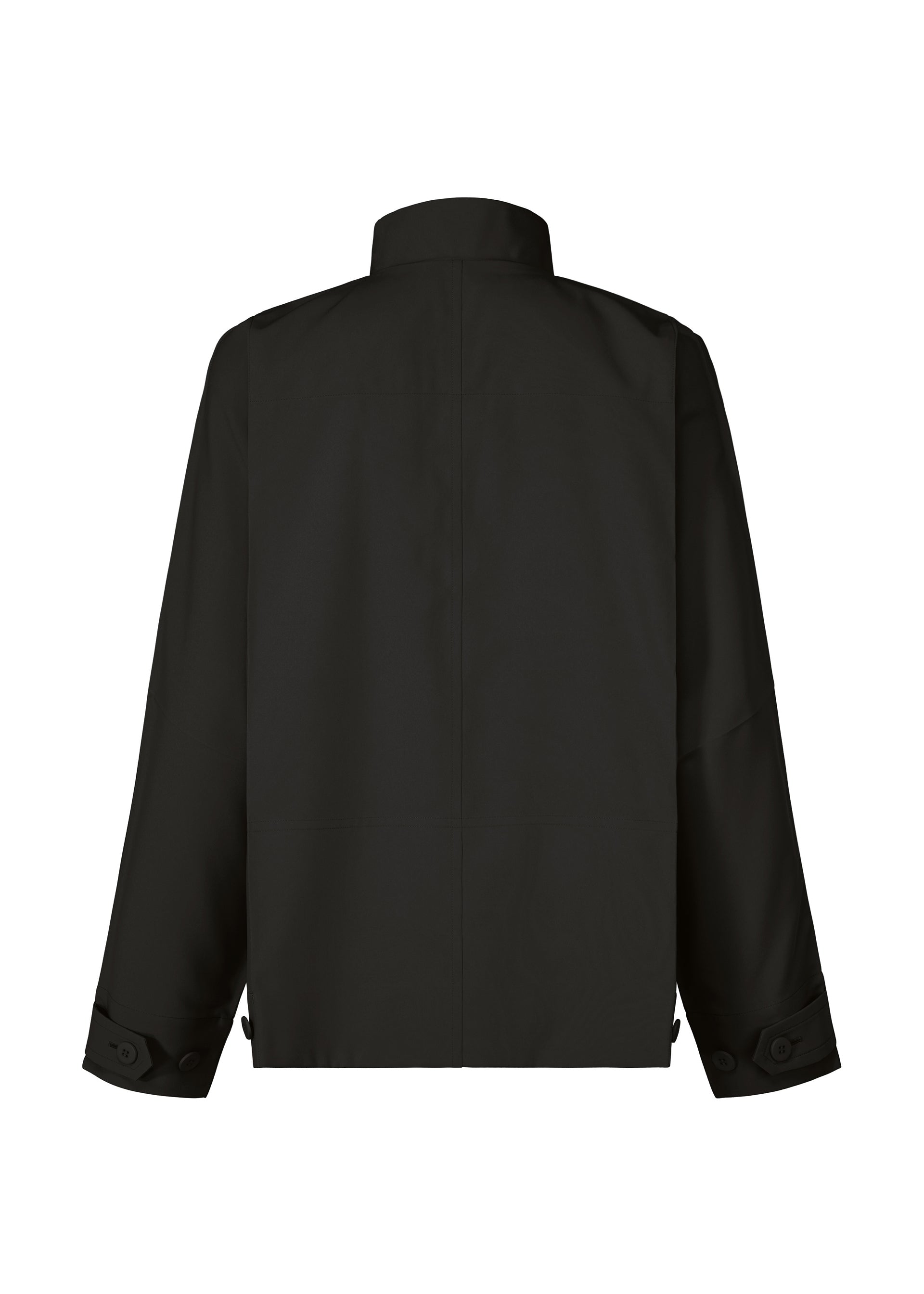 Zoomed view The IM MEN FLAT BLACK jacket, shown from the back, features a straight cut, high collar, and buttoned cuffs. Its wrinkle-resistant fabric and minimalist design offer practicality and style for any occasion.