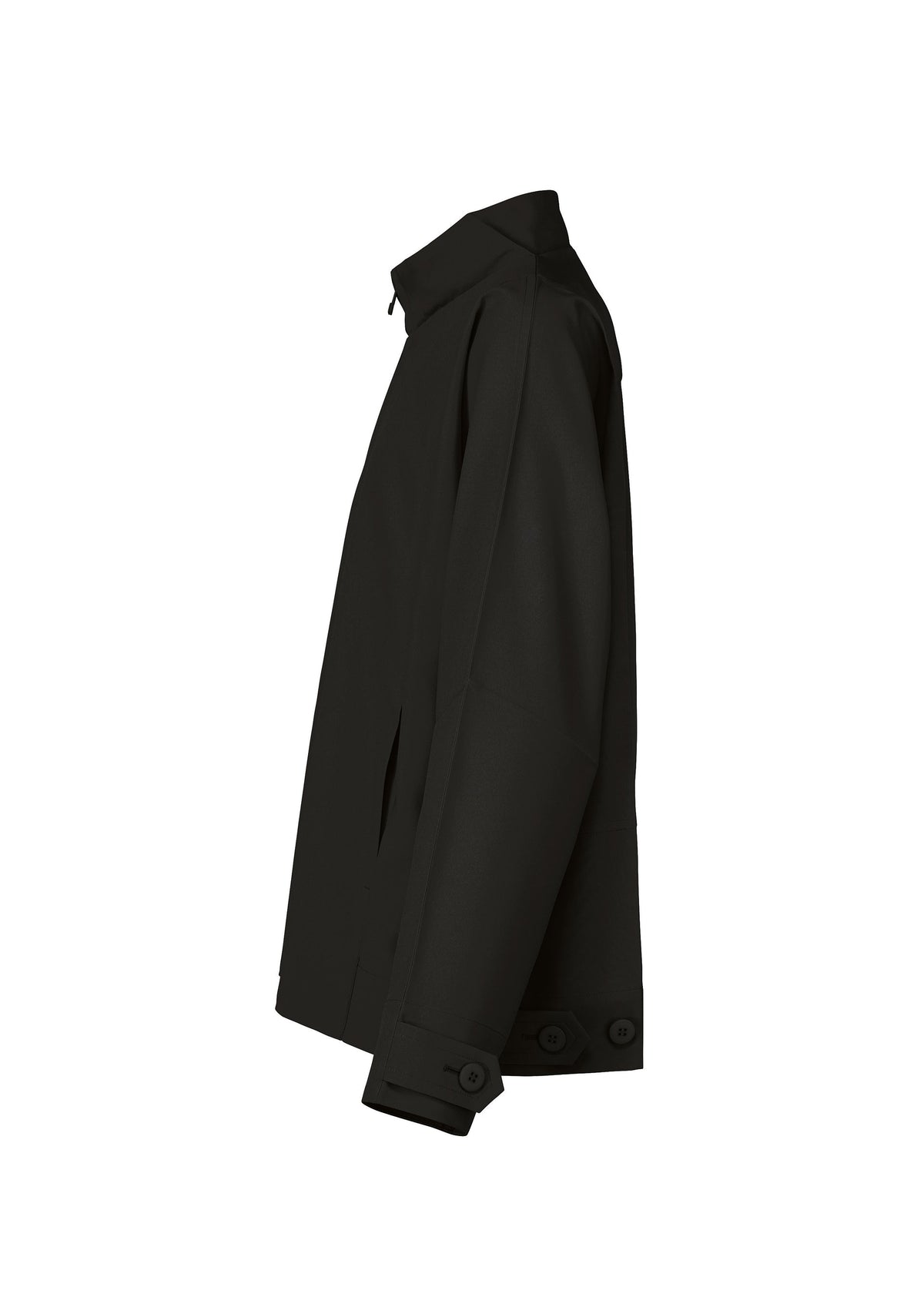 The FLAT BLACK jacket by IM MEN is a black, long-sleeve, wrinkle-resistant piece shown side-on with a high collar, side pockets, and button accents at the cuffs and hem. view 3 of 14