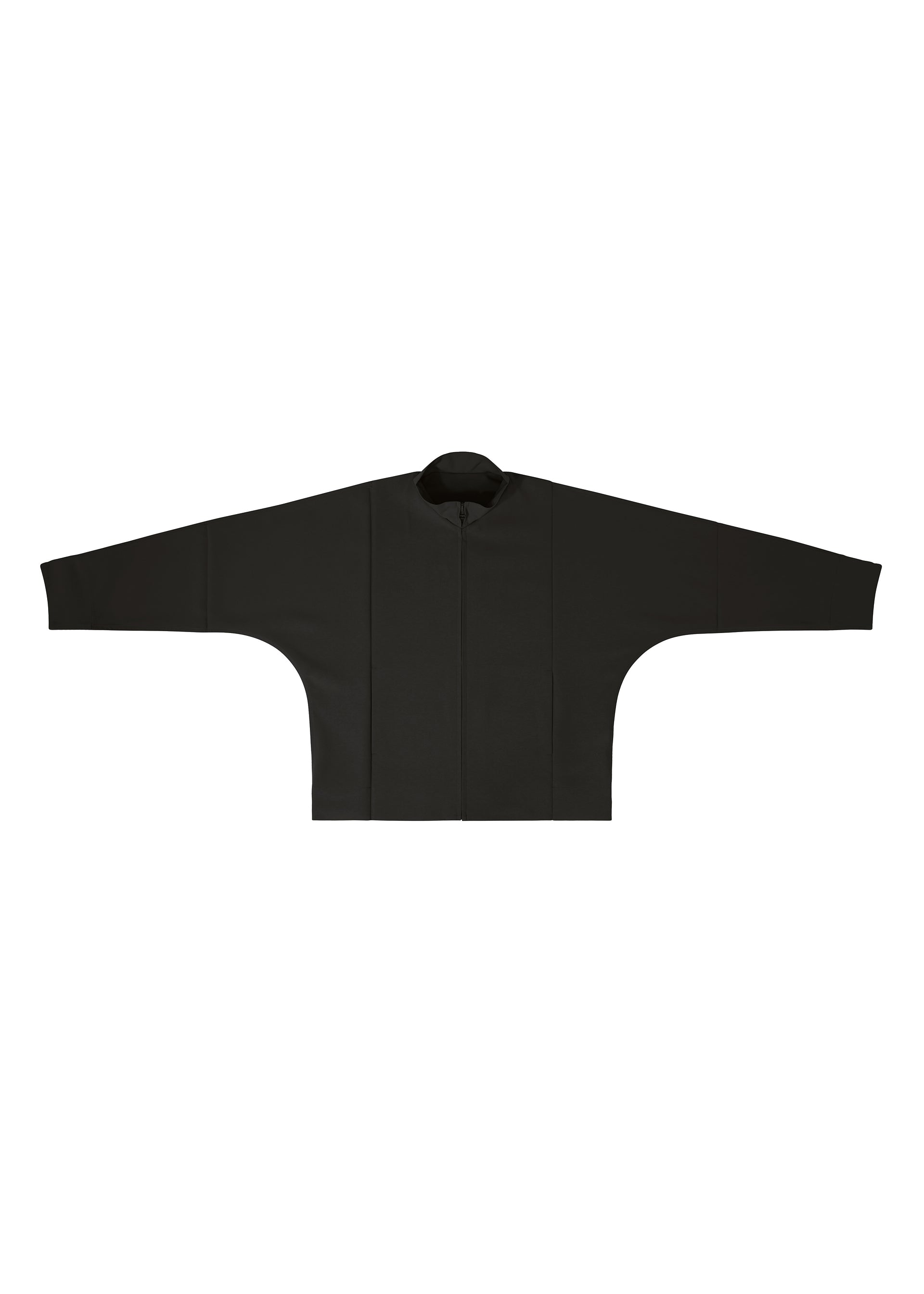 Zoomed view The FLAT BLACK jacket by IM MEN features a minimalist boxy silhouette, wide sleeves, wrinkle-resistant black fabric, and a high collar. Laid flat on a white background, it showcases straight lines with no visible fastenings or embellishments.