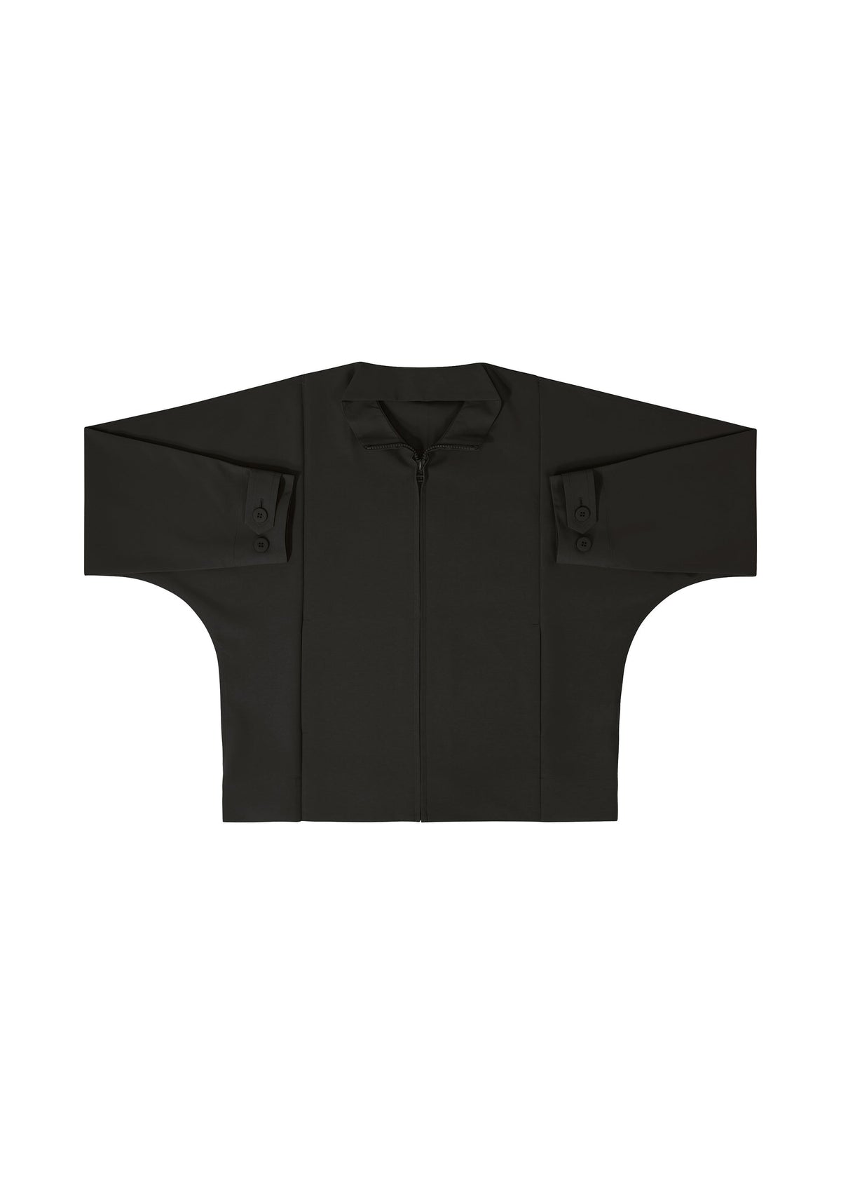 The IM MEN FLAT BLACK jacket is oversized and wrinkle-resistant, featuring wide batwing sleeves, a front zipper, and buttoned cuffs. Shown here in black, laid flat on a white background. view 5 of 14