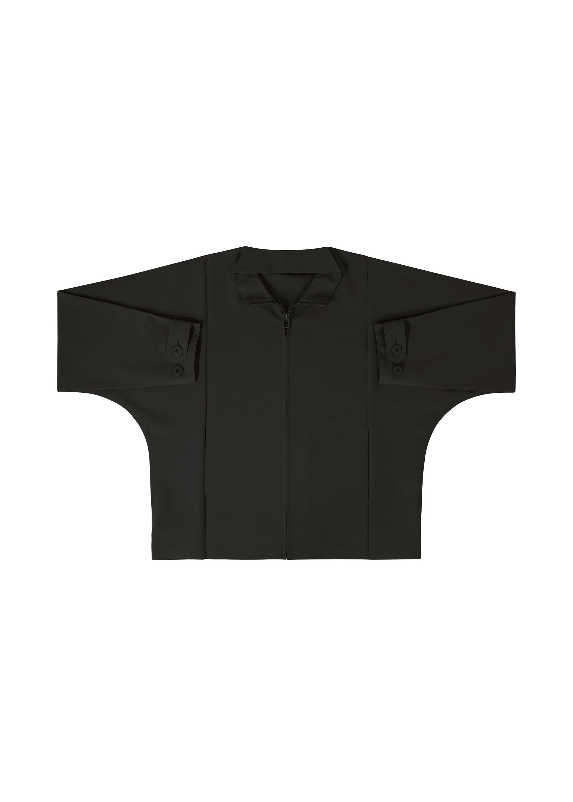 Zoomed view The IM MEN FLAT BLACK jacket is oversized and wrinkle-resistant, featuring wide batwing sleeves, a front zipper, and buttoned cuffs. Shown here in black, laid flat on a white background.