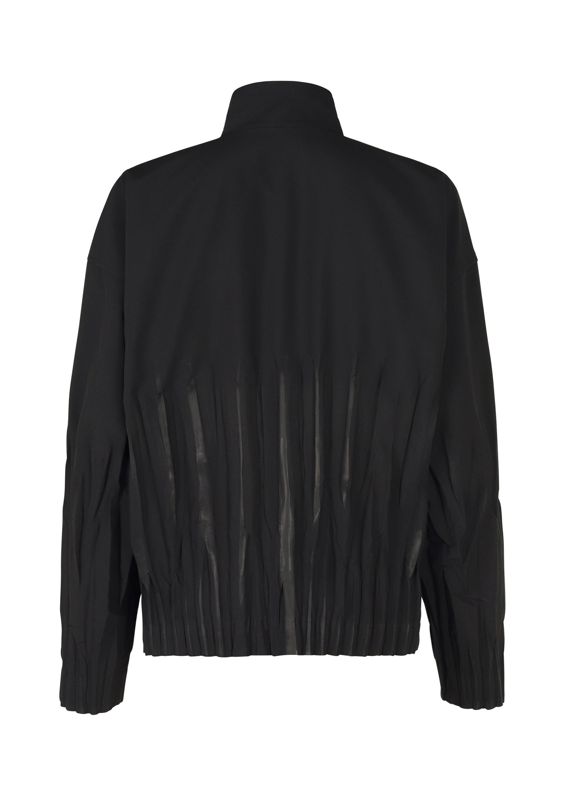 Zoomed view The WAFT BLACK jacket by IM MEN is wrinkle-resistant with a high collar and pleated details on the back and sleeves, offering a textured look. Its easy-care finish ensures effortless style from every angle.