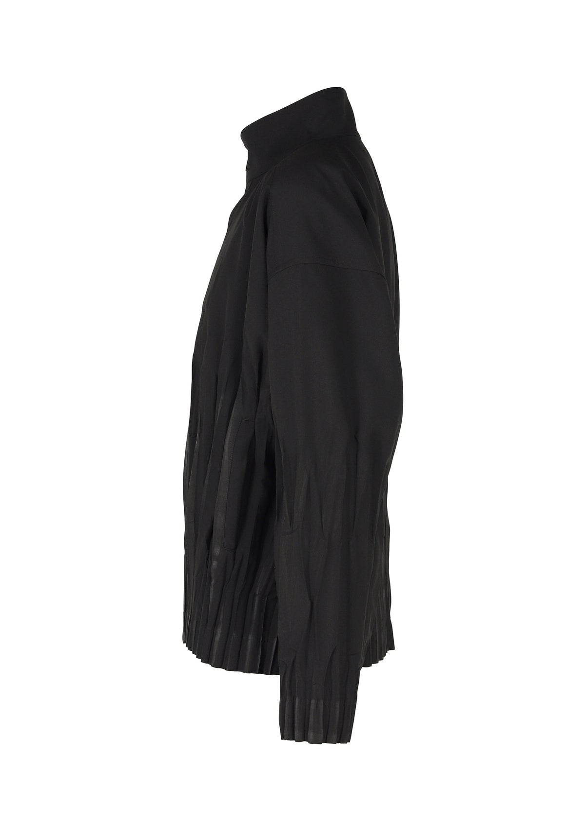 A side view of the IM MEN WAFT BLACK jacket, featuring wrinkle-resistant fabric, a high collar, and pleated details at the sides and hem, set against a plain white background. view 3 of 7
