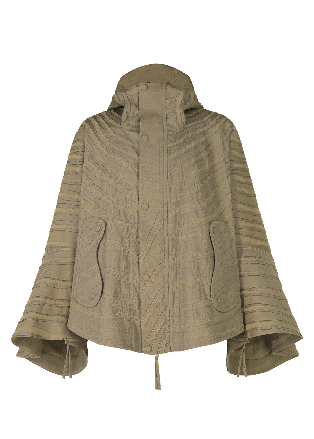The ENGRAVE cape by IM MEN features a khaki hue, Shoji Kamoda-inspired 3D wave pattern, hood, snap front, two flap pockets, and wide flared sleeves with adjustable drawstring cuffs. view 2 of 9