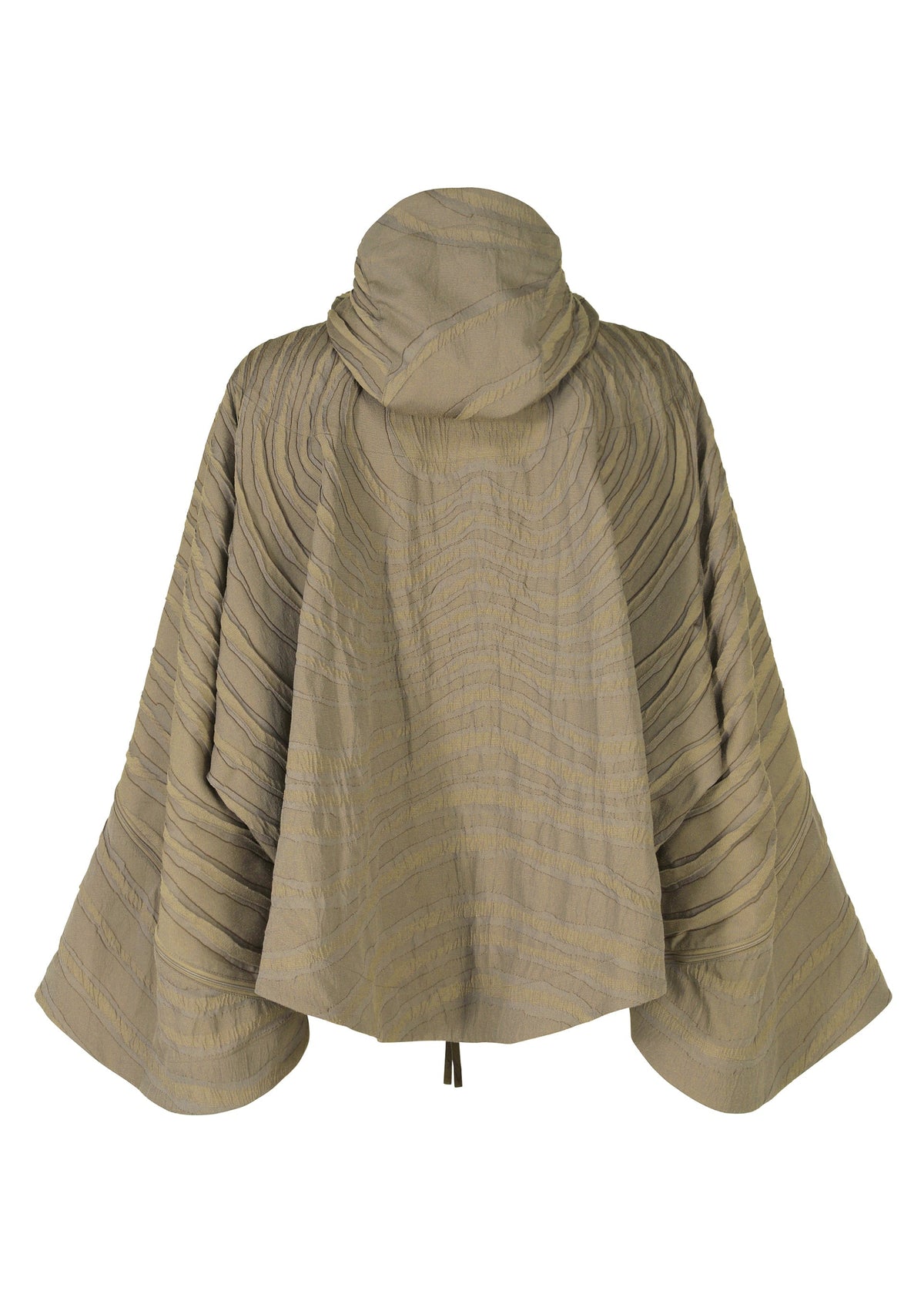 ENGRAVE by IM MEN is a textured light brown cape with wide, flowing sleeves and a high, draped collar. Horizontal pleats create a 3D wave effect inspired by Shoji Kamoda. Shown from the back. view 3 of 9