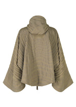 ENGRAVE by IM MEN is a textured light brown cape with wide, flowing sleeves and a high, draped collar. Horizontal pleats create a 3D wave effect inspired by Shoji Kamoda. Shown from the back.