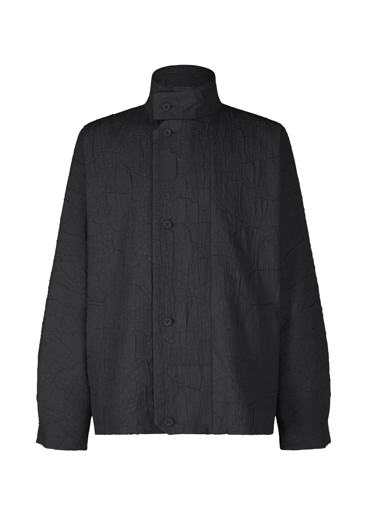 The IM MEN SHRINK JACQUARD is a black, long-sleeved jacket with a high collar and button-down front, featuring a wood-grain-inspired texture, loose fit, and straight hem for modern style. view 1 of 8