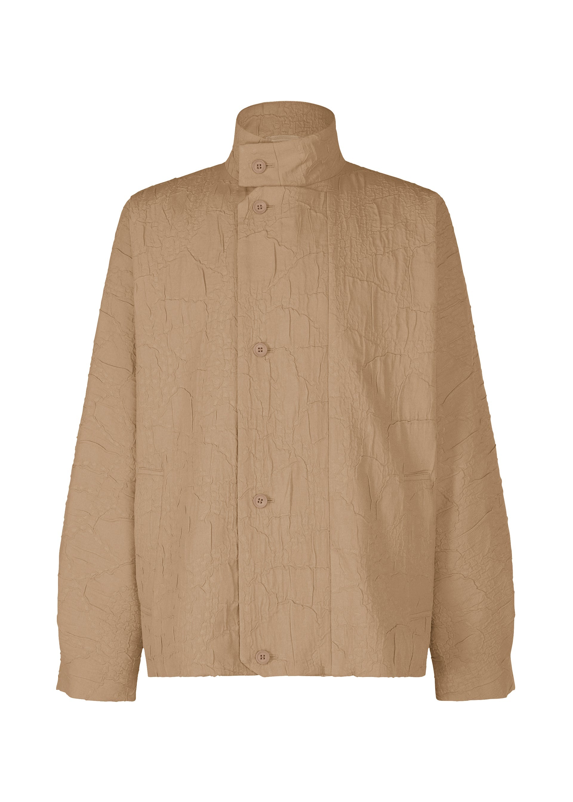Zoomed view The IM MEN SHRINK JACQUARD is a beige, long-sleeved jacket featuring a high collar, wood-grain jacquard texture, front button closure, and a loose, relaxed fit. - BEIGE （no.41）