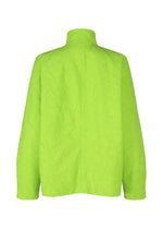 The SHRINK JACQUARD by IM MEN is a bright lime green, long-sleeve jacket with a wood-grain jacquard texture and high collar, displayed from the back against a white background.