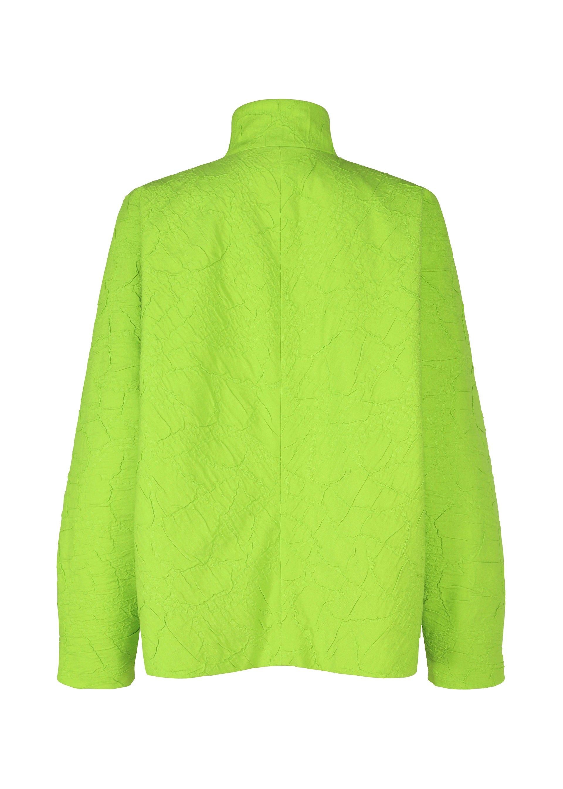 Zoomed view The SHRINK JACQUARD by IM MEN is a bright lime green, long-sleeve jacket with a wood-grain jacquard texture and high collar, displayed from the back against a white background.