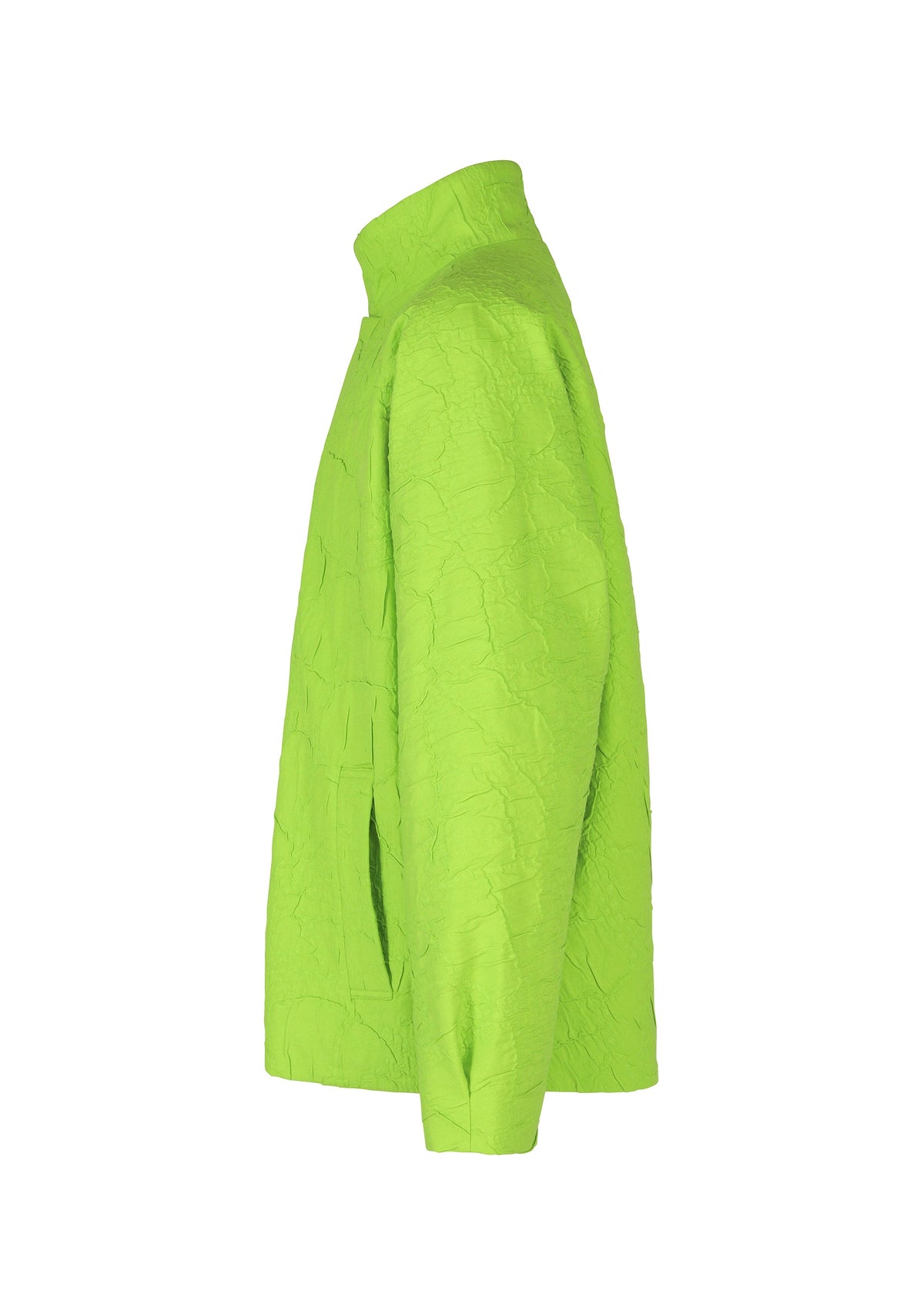 The IM MEN SHRINK JACQUARD features a neon green wood-grain woven design, viewed from the side, with long sleeves, high collar, and a loose, structured fit. Its crinkled fabric highlights the jacket's unique texture. view 4 of 8