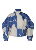 The INLAY jacket by IM MEN features a high collar, long sleeves, front buttons, and side flap pockets. Made from recycled polyester, it sports a gray and blue abstract wavy pattern. - BLUE （no.72）