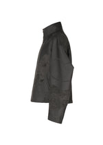 A side view of the INLAY jacket by IM MEN in dark gray, featuring long sleeves, a collar, a buttoned pocket, and subtle textured recycled polyester—shown on a plain white background.