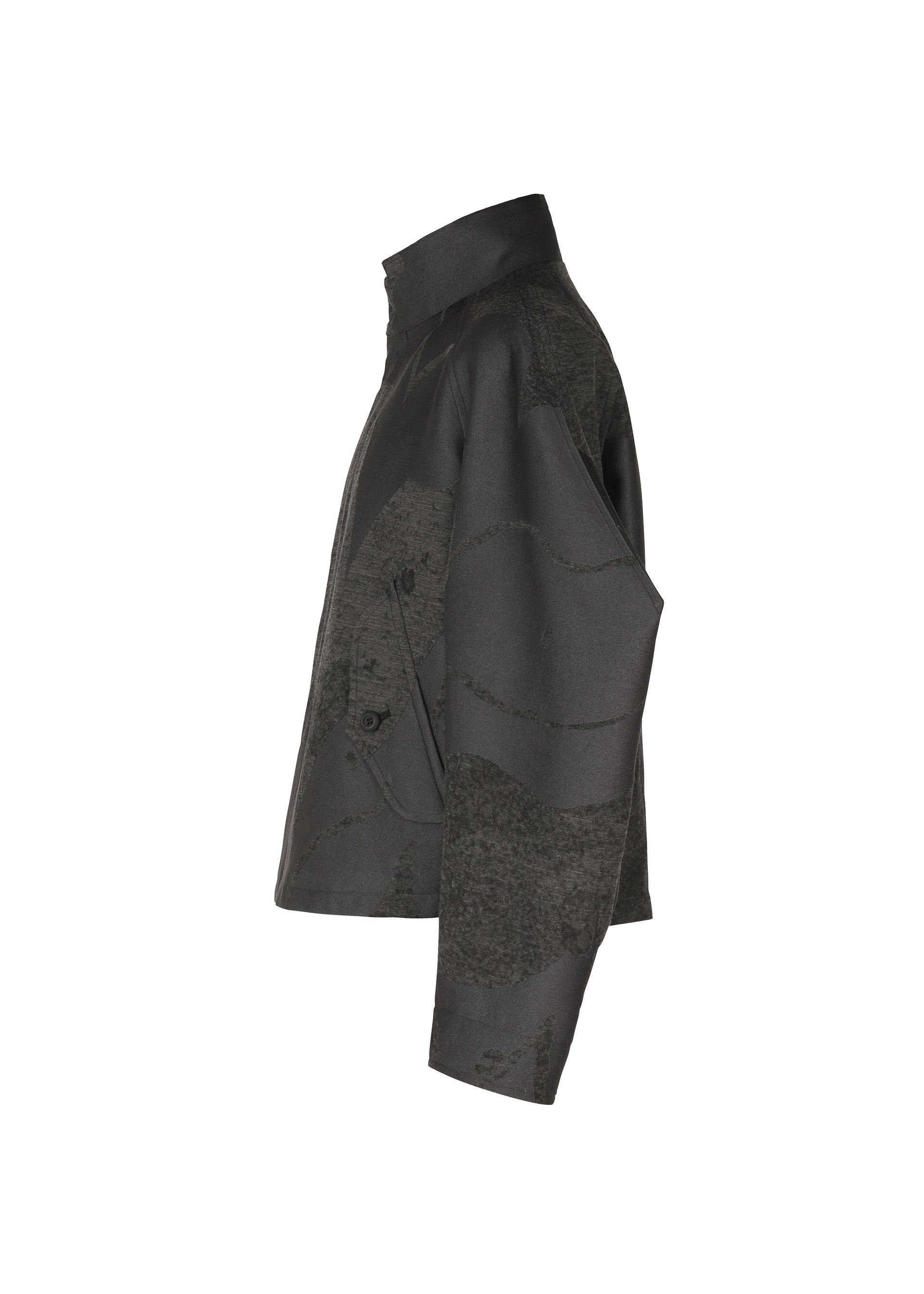 Zoomed view A side view of the INLAY jacket by IM MEN in dark gray, featuring long sleeves, a collar, a buttoned pocket, and subtle textured recycled polyester—shown on a plain white background.