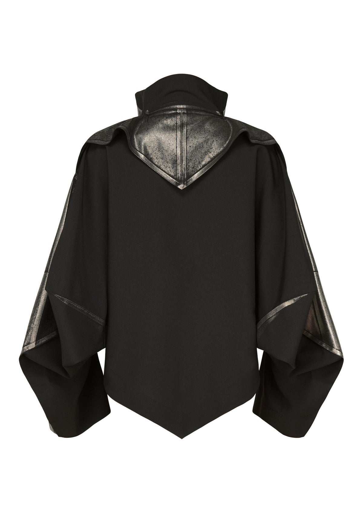 The IM MEN GINTO FLAT is a black, plant-based polyester jacket inspired by Shoji Kamoda, featuring oversized angular sleeves and metallic silver accents on the hood, shoulders, and sleeve seams, shown from the back on a white background. view 3 of 9