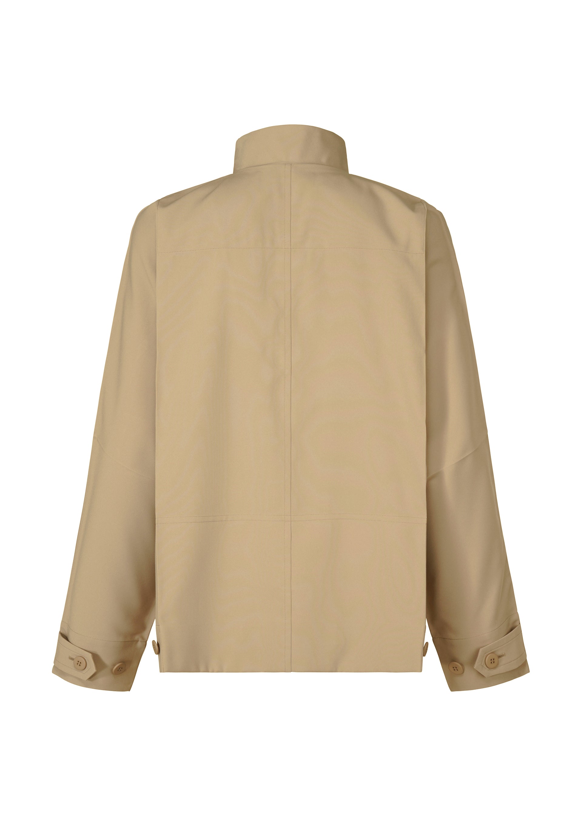 Zoomed view Back view of FLAT by IM MEN: a beige, long-sleeved, wrinkle-resistant jacket with a high collar and buttoned cuffs. This smooth-fabric, boxy fit design offers effortless style and easy care for a relaxed look.